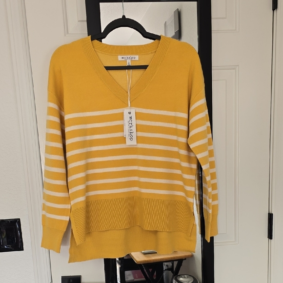 Workshop Republic Clothing Sweaters - Workshop Mustard Yellow Striped V-Neck Sweater Sz Sm Nwt